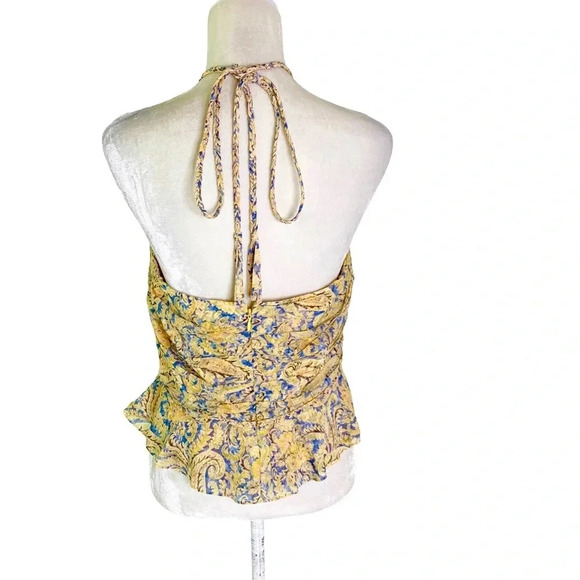 NWT Veronica Beard Silk Arienne Gathered Halterneck Top Yellow and Blue Size 14 - Picture 8 of 13